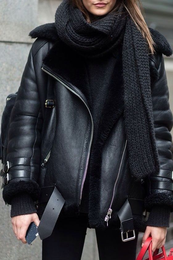 New black faux leather shearling warm women aviator coat winter pilot ...