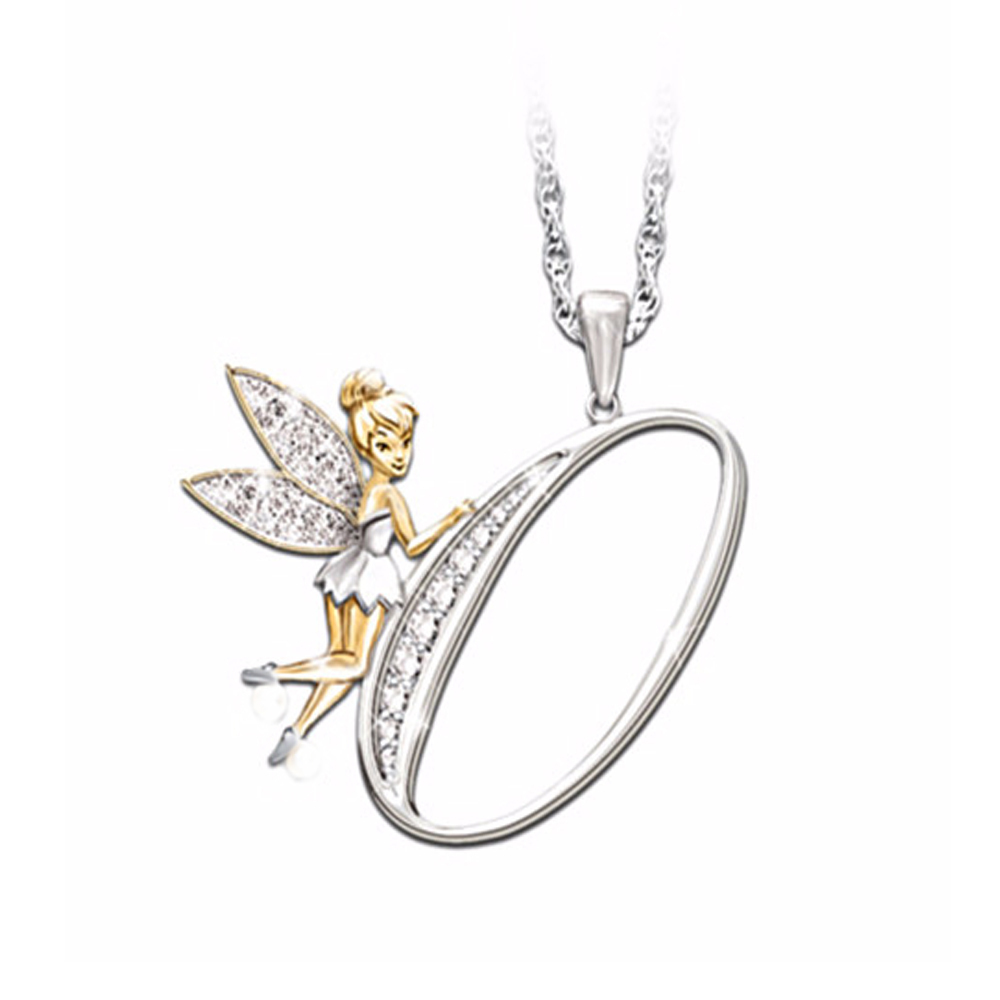 Diamond 14K Two Tone Gold Fn Tinker Bell Fairy OInitial Pendant With
