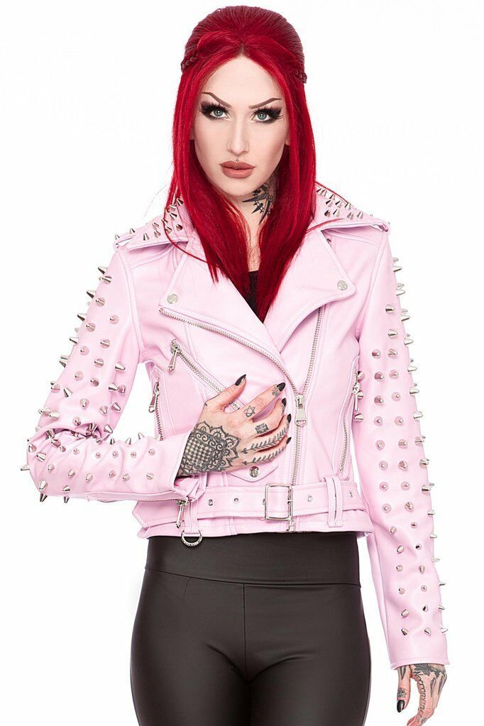 Women's Pink Color Brando Belted Magnificent Leather Silver Spike Studded Jacket