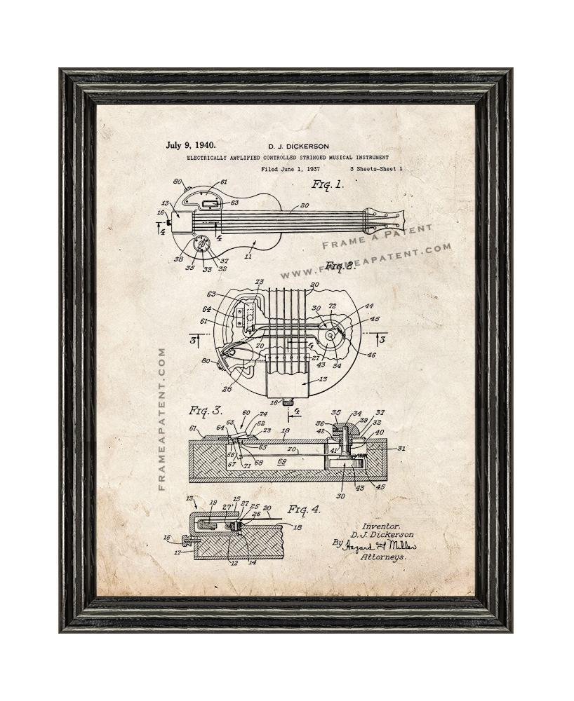 Electrically Amplified Controlled Stringed Musical Instrument Patent Print Old L