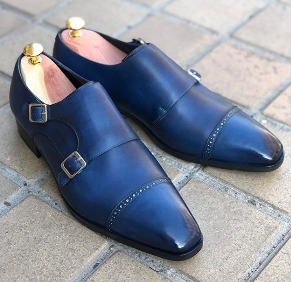 Handmade double monk strap shoes, navy blue dress shoes, leather bespoke shoe