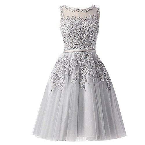 Plus Size Short Beaded Lace Pearls Tulle Juniors Prom Homecoming Dress Silver US