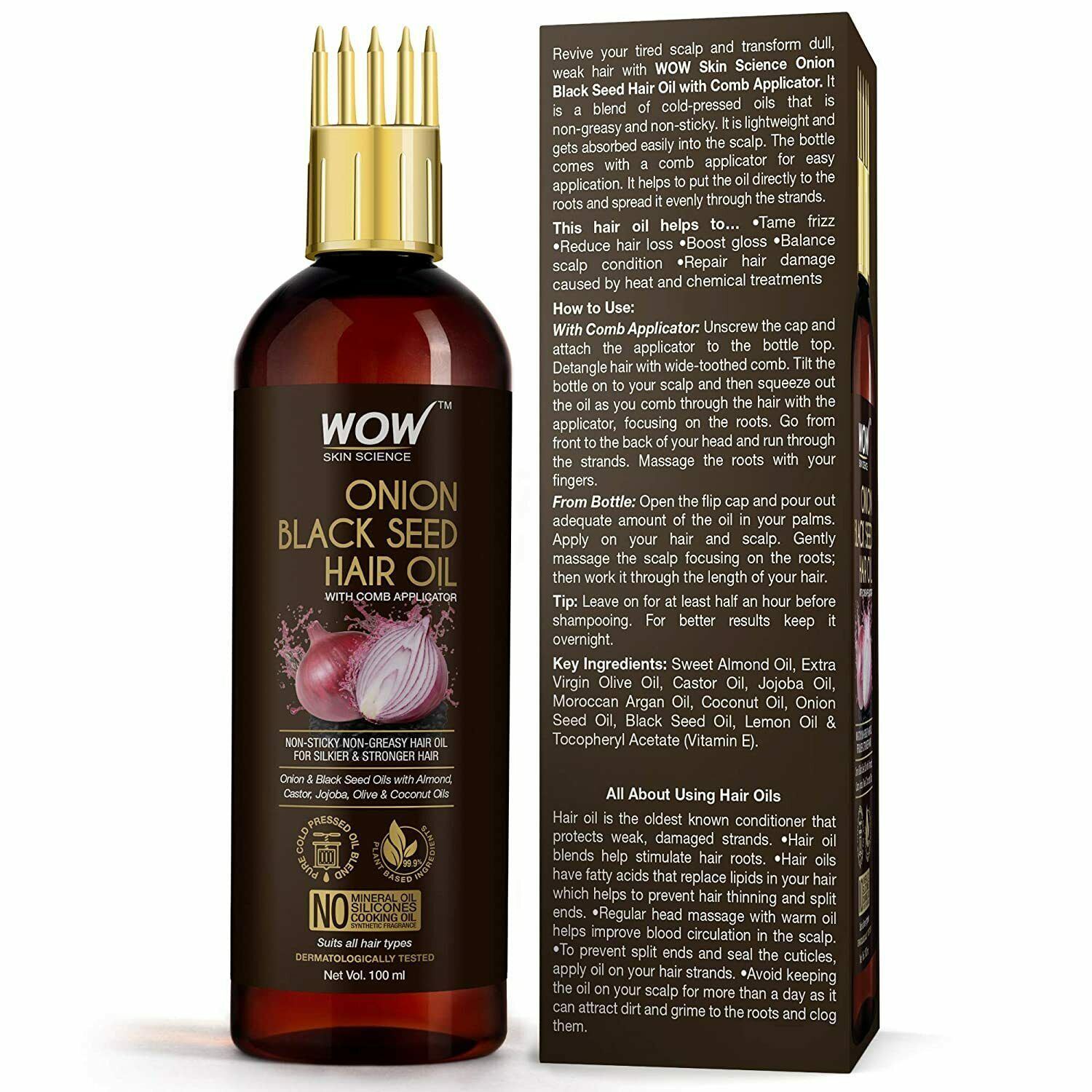 WOW Skin Science Onion Black Seed Hair Oil WITH COMB APPLICATOR Pack of 100ML