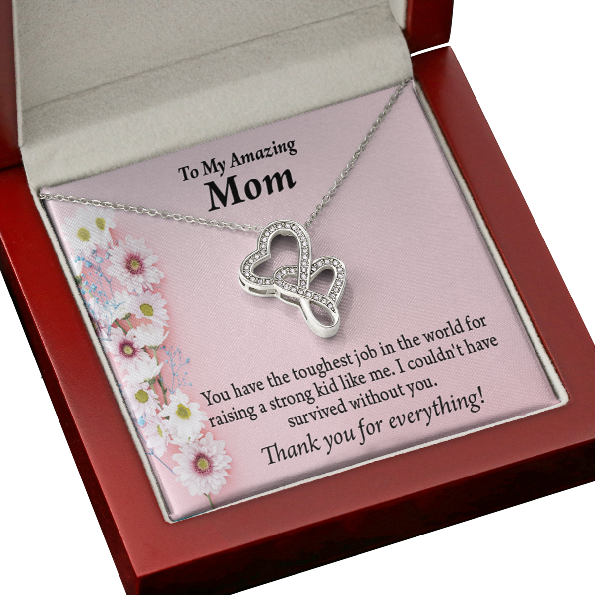 Mom toughest job Double Heart Necklace Message Card