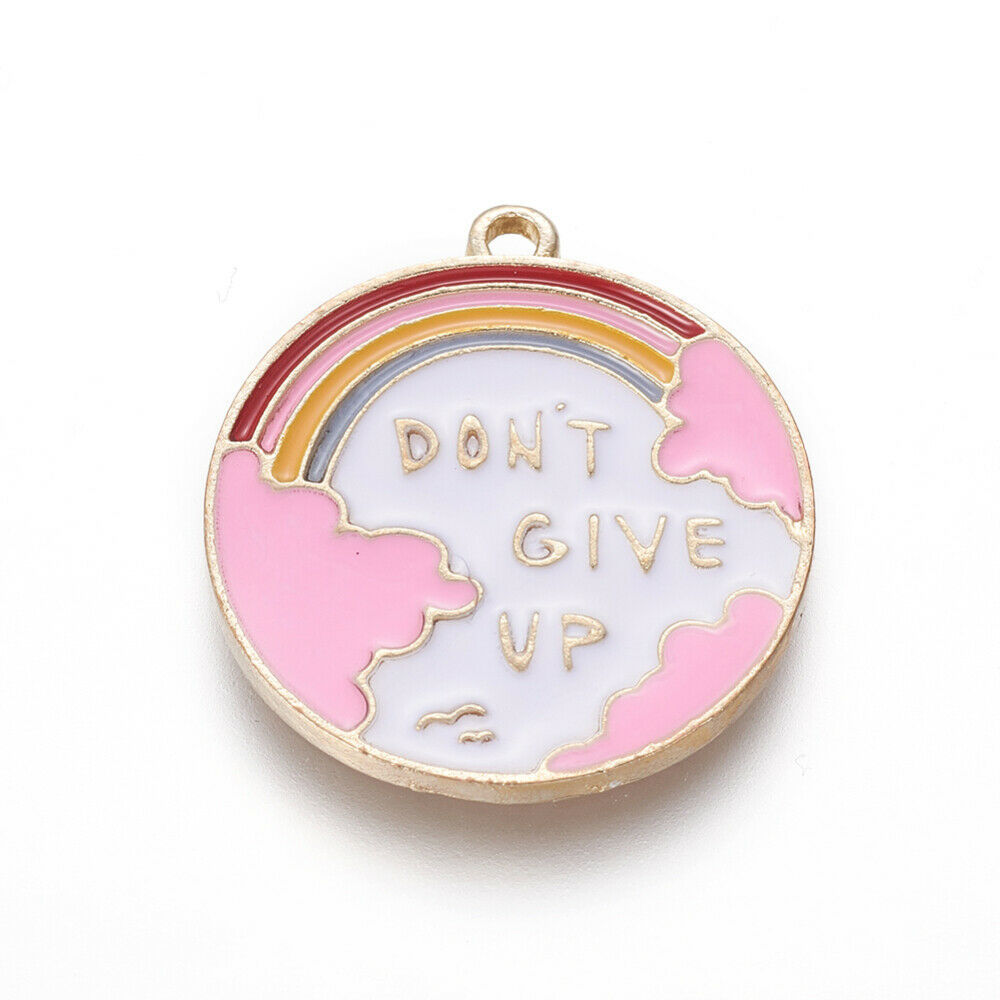 Quote Charm DON'T GIVE UP Pendant Gold Enamel Rainbow Inspirational Word Charm