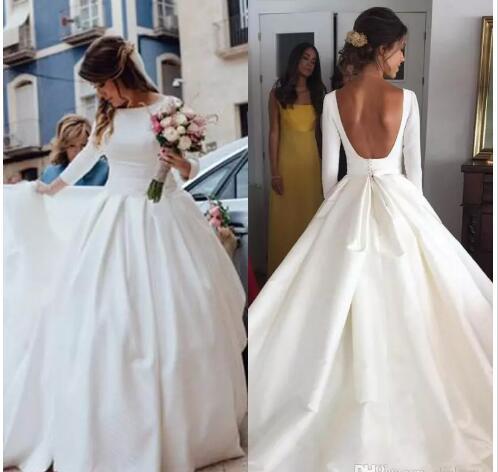 Open Back Long Sleeves Ball Gown Ivory Satin Wedding Dress