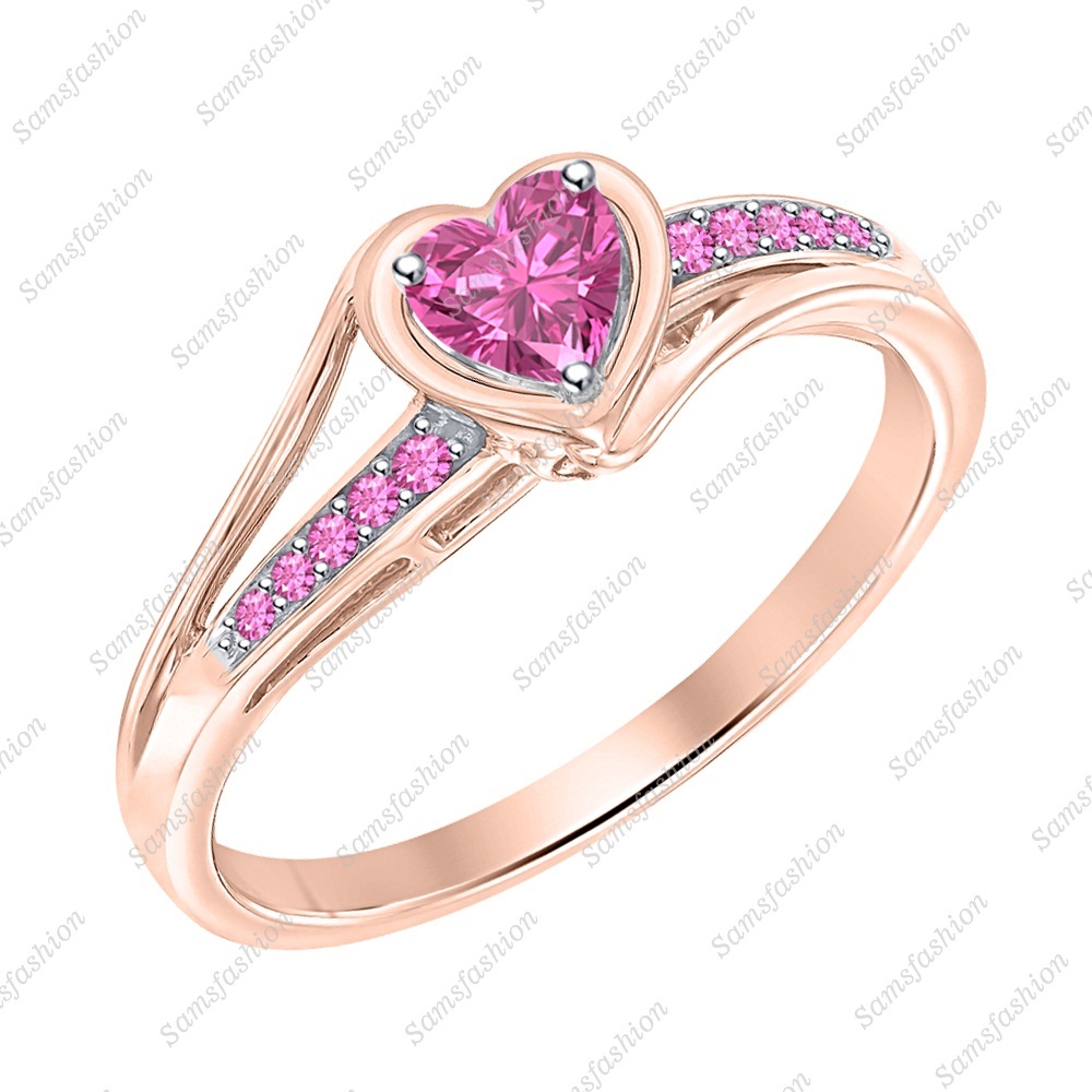 Lovely Heart Shaped Pink Sapphire 14k Rose Gold Over Wedding Promise Ring Women