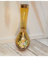 Vintage Norleans Hand Blown Hand painted Goldtone Floral Amber Glass Bud... - $19.75