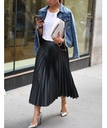 New black faux leather high waist pleated midi length women skirt autumn... - $46.00