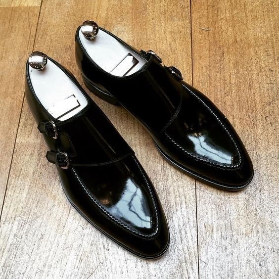 Black Monk Double Buckle Straps Apron Toe Genuine Leather Handmade Shoes