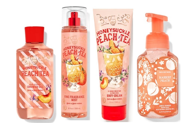 Bath & Body Works Honeysuckle & Peach Tea 3 Piece Set - Mist, Gel, Cream w Soap