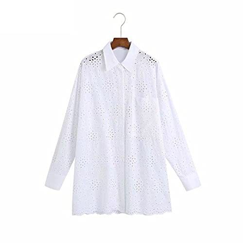 Sexy Hollow Out Embroidery White Smock Blouse Office Lady Pocket Casual Shirt Ch