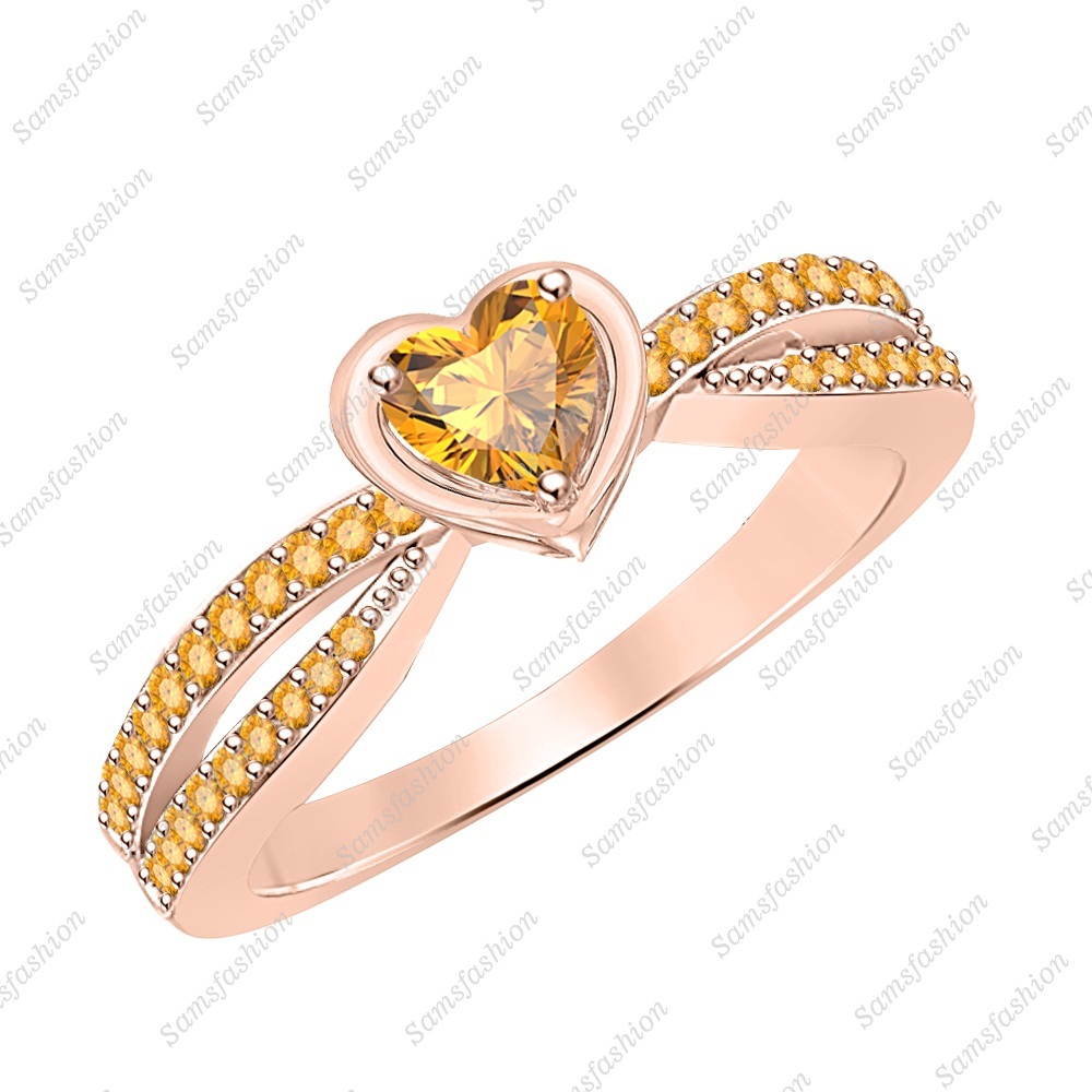 Heart Shaped Orange Citrine 14k Rose Gold Over Twisting Split Shank Wedding Ring