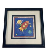Kris Banks Framed Picture Space Ship Stars Planets Saturn Navy Blue Red ... - $18.81