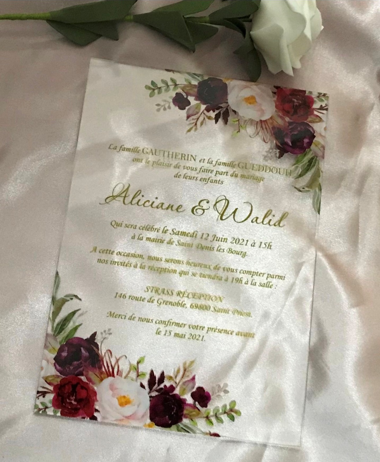 10pcs Acrylic Wedding Invitations,Burgundy Red Rose Acrylic Invitations,Custom