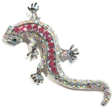 Lizard Pin Brooch Pendant Pink Aurora Borealis Crystal Silvertone Metal Animal - $16.99