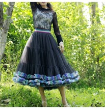 Women Black Ruffle Layered Tulle Skirt Holiday Outfit High Waisted Dance Skirt
