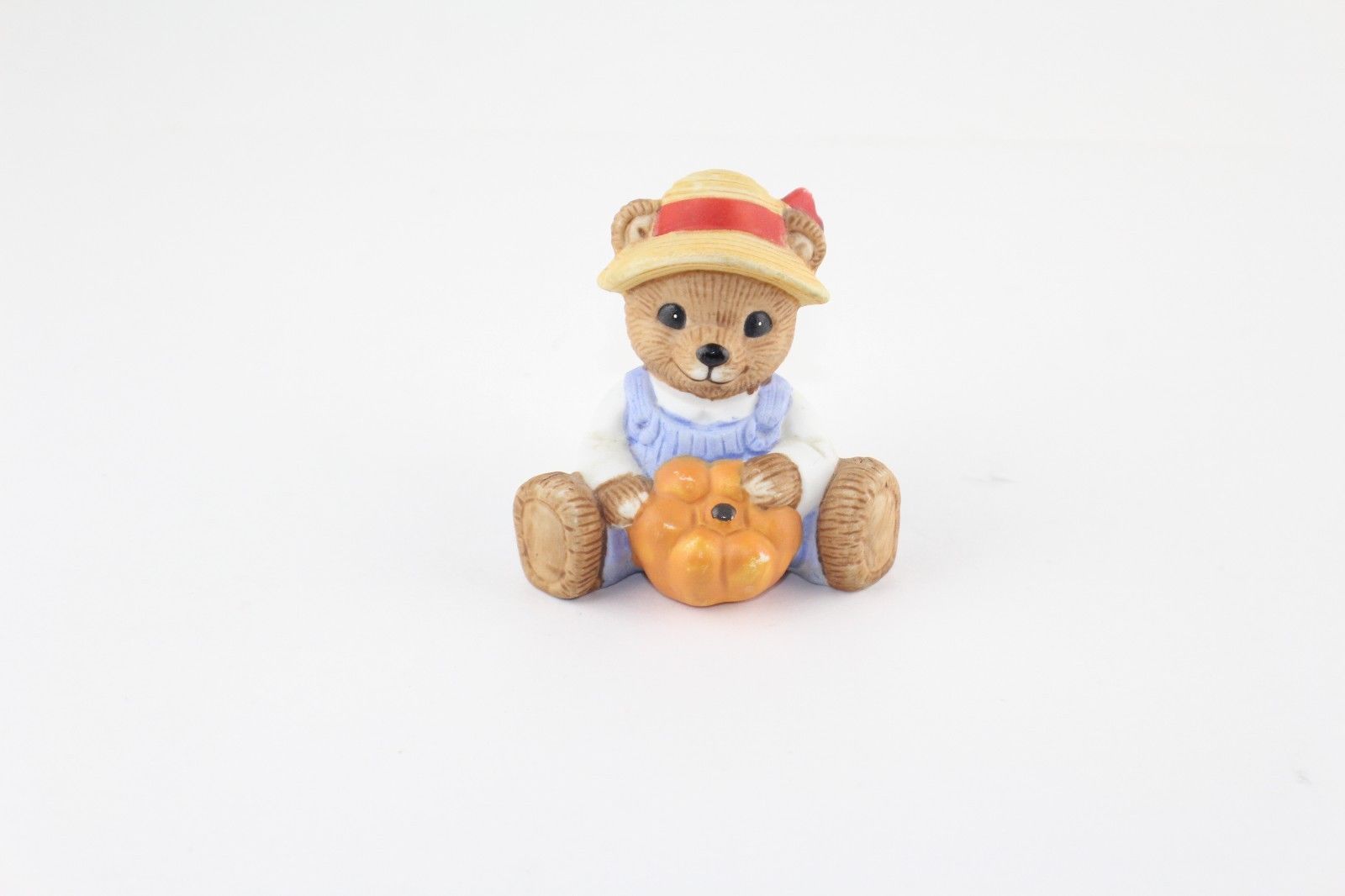 Vintage HOMCO Teddy Bear Figurine Holding Pumpkin Straw Hat Halloween 1426 - $7.92