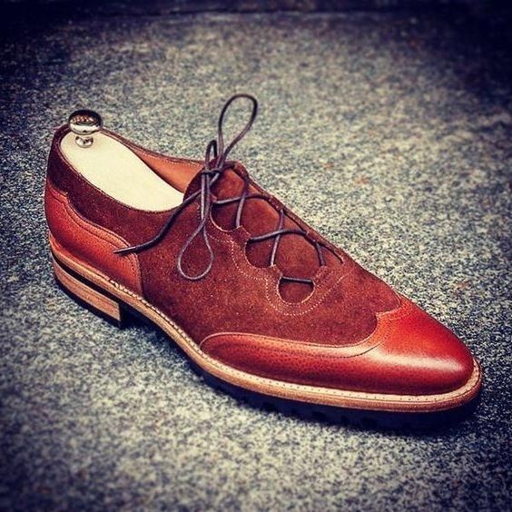 Handmade Men Maroon Color Suede Leather Wing Tip Rounded Toe Tan Sole Shoes