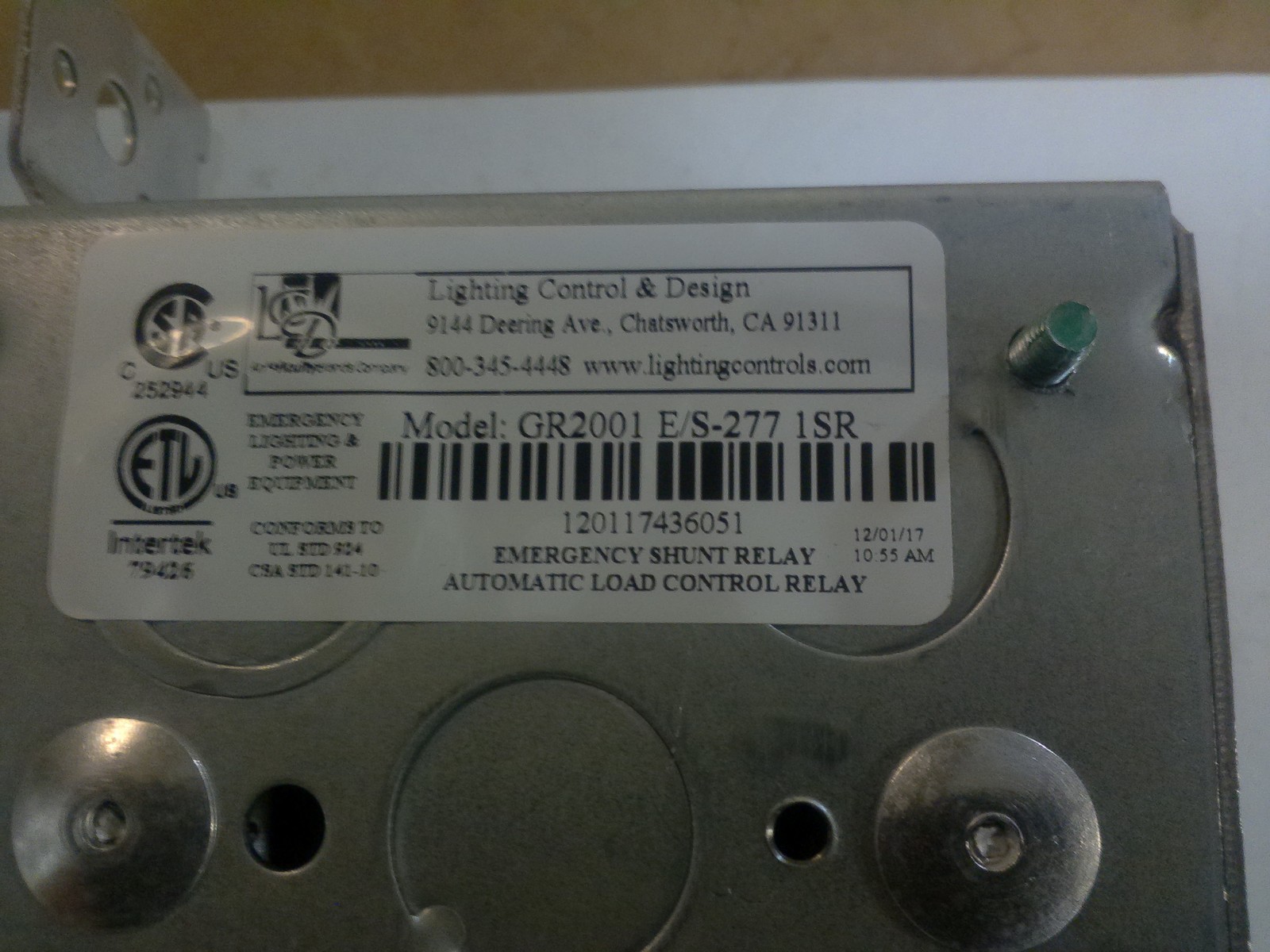 LIGHTING CONTROL & DESIGN GR2001 E/S277 1SR /EMERGENCY SHUNT RELAY