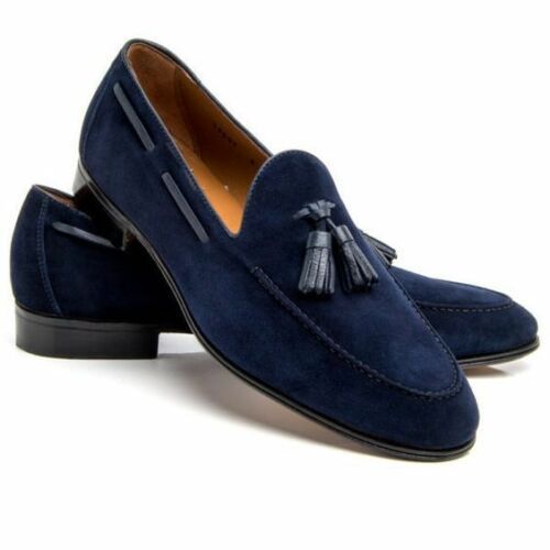 Handmade Men Slip On Suede Formal Shoes, Loafer Tussles Navy Blue Business Shoes