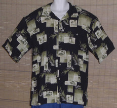 Hilo Hattie Hawaiian Shirt Black Green Tan Palm Trees Island Huts Size XL - $24.99