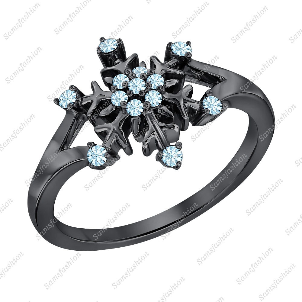 Women's Anniversary Aquamarine 14k Black Gold Over Silver Frozen Snowflake Ring