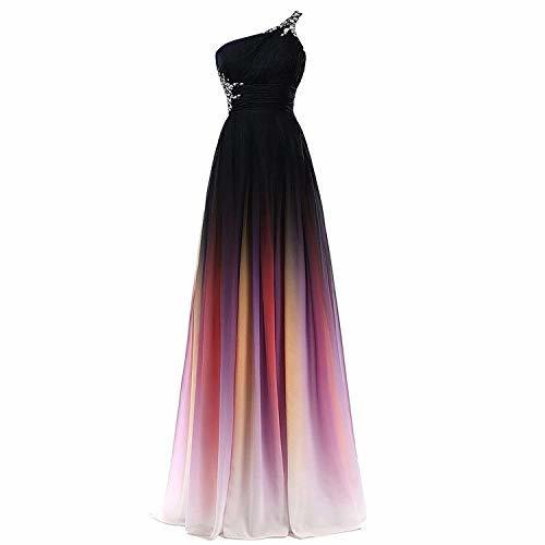 Beaded One Shoulder Long Ombre Prom Evening Dresses Black Rainbow Colorful US 6