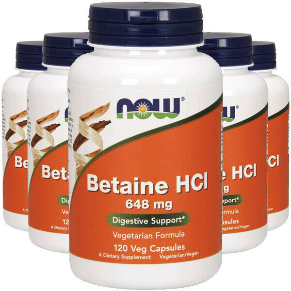 NOW Foods BETAINE HCL 648mg Pepsin 5X120 Cap Hydrochloride HCI