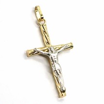 18K YELLOW & WHITE GOLD TWISTED CROSS PENDANT, JESUS CHRIST, 1.22 INCHES image 1