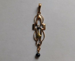 Vintage !4K Rose Green Gold Diamond Black Pearl Cross Pendant Handmade - $115.00
