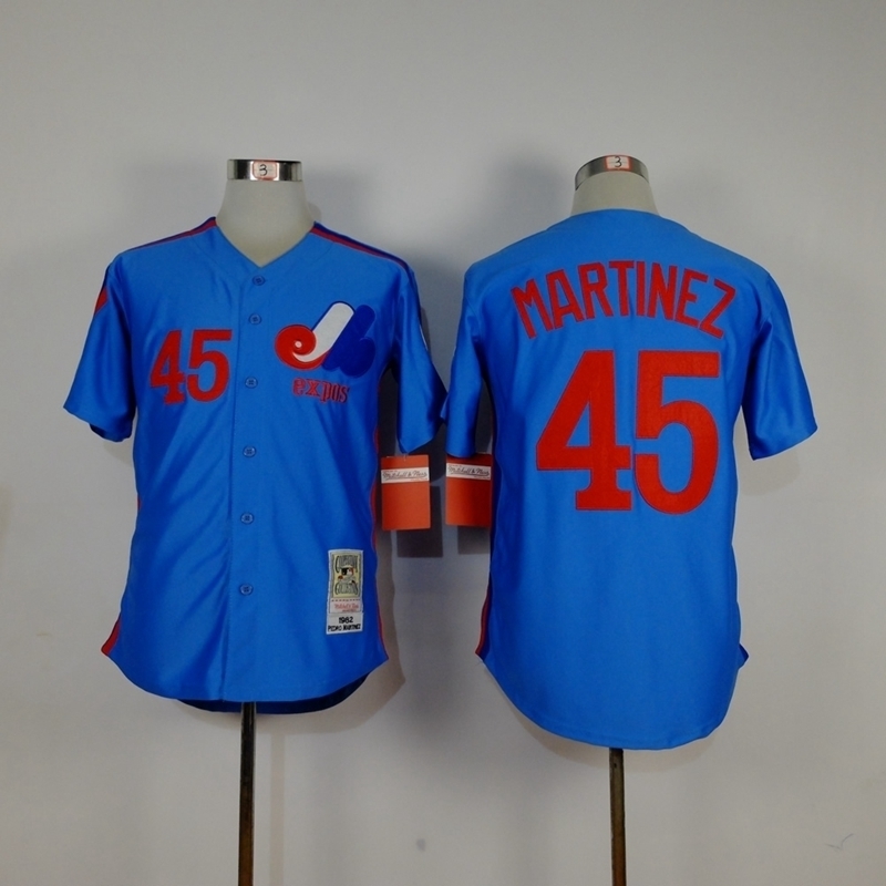 Men's Montreal Expos 45 Pedro Martinez Jersey Sewn on Baseball Blue