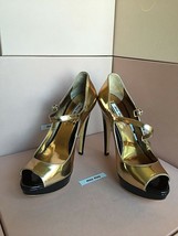 New PRADA Miu Miu Gold Metallic Buckle Platform 36.5 Open Toe High Heels... - $329.99