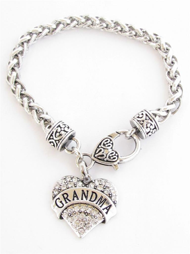 Grandma Nana Grandmother Silver Lobster Claw Bracelet  Heart Jewelry