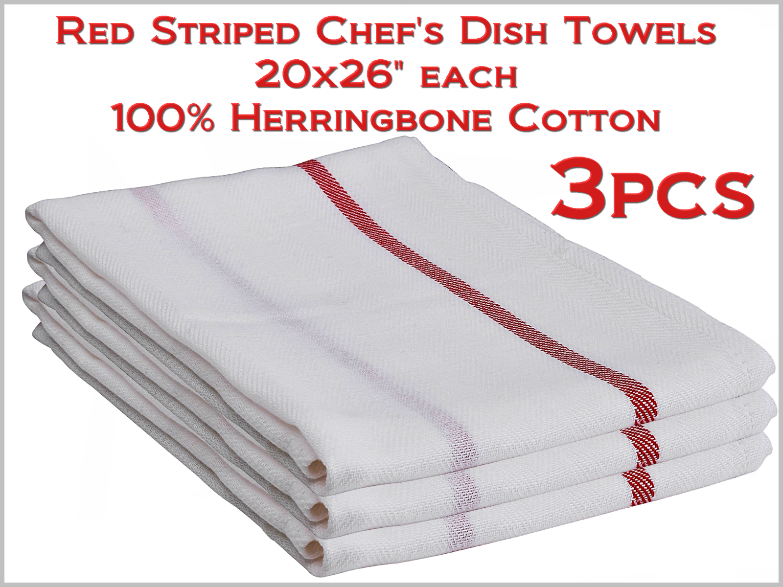 Chef's Dish Towels White w Red Stripe 20x26" Herringbone 100Cotton