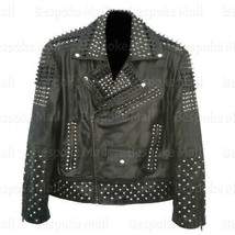 New Men&#39;s Full Black Silver Spiked Studded Brando Punk Biker Leather Jac... - $310.19+