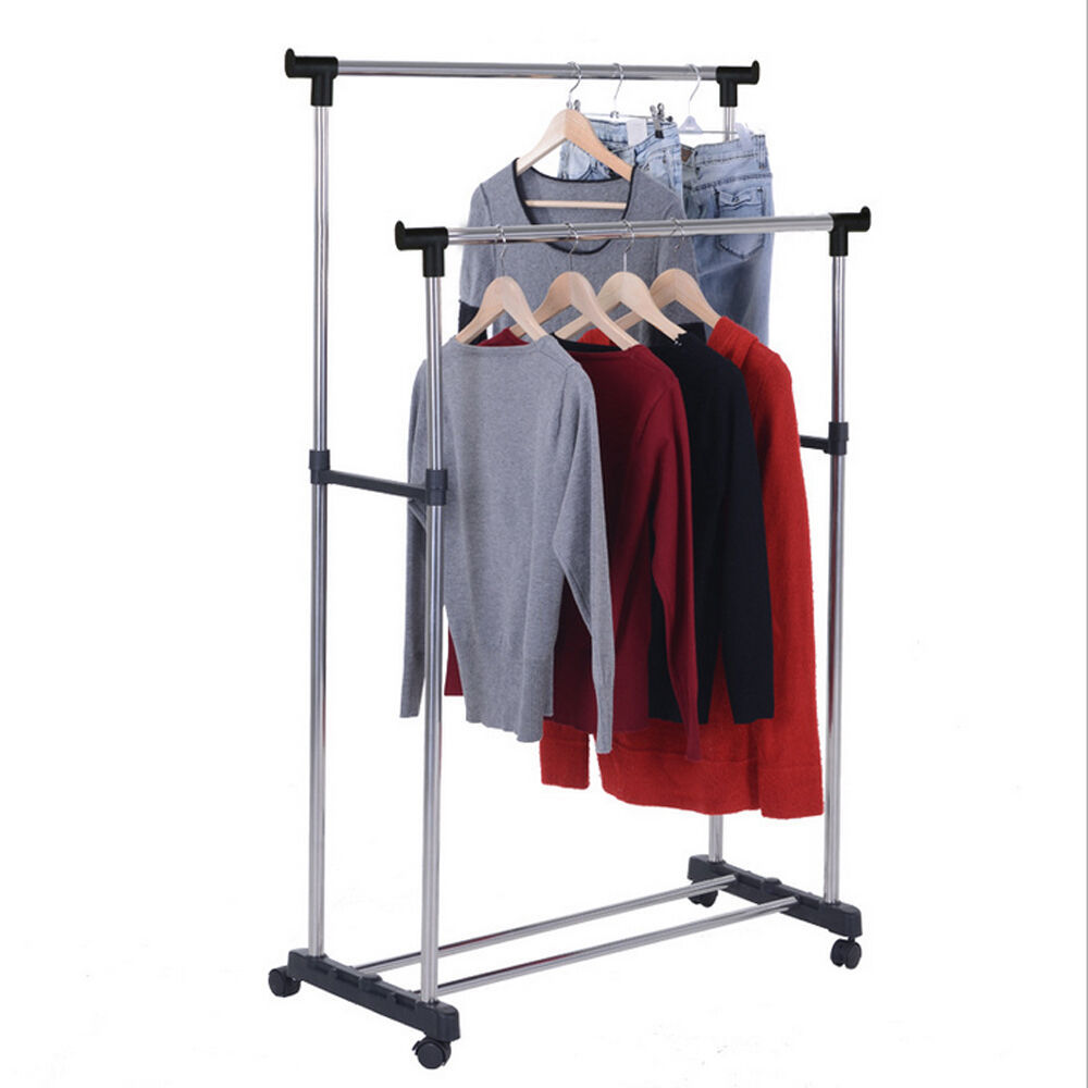 Portable Double Adjustable Clothes Hanger Rolling Garment Rack Closet