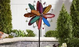 Flower Design Wind Spinner Garden Stake 84" Iron Multi Colored Layered 3 Pronged