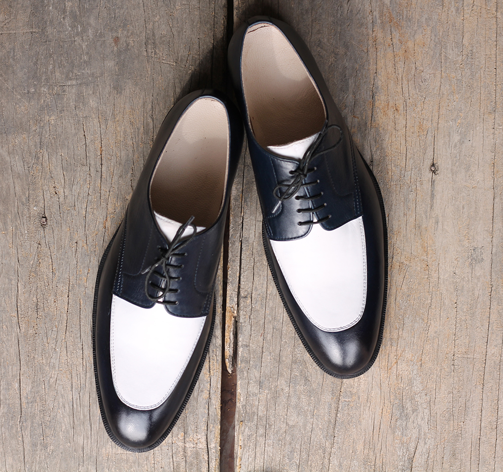 Handmade Men's Navy Blue White Leather Lace Up Shoes, Men Designer Formal Shoes