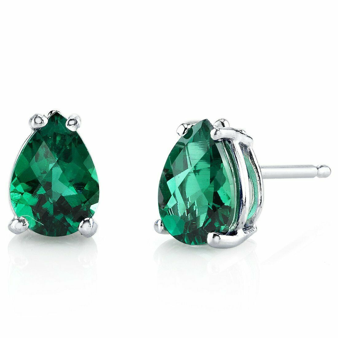 2.0 Carats Created Colombian Emerald Pear Cut Stud earrings18K White Gold Plated