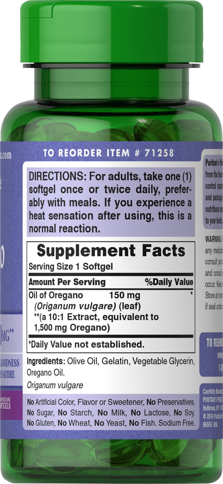 Puritan's Pride Oil of Oregano Extract 1500 mg 180 Softgels