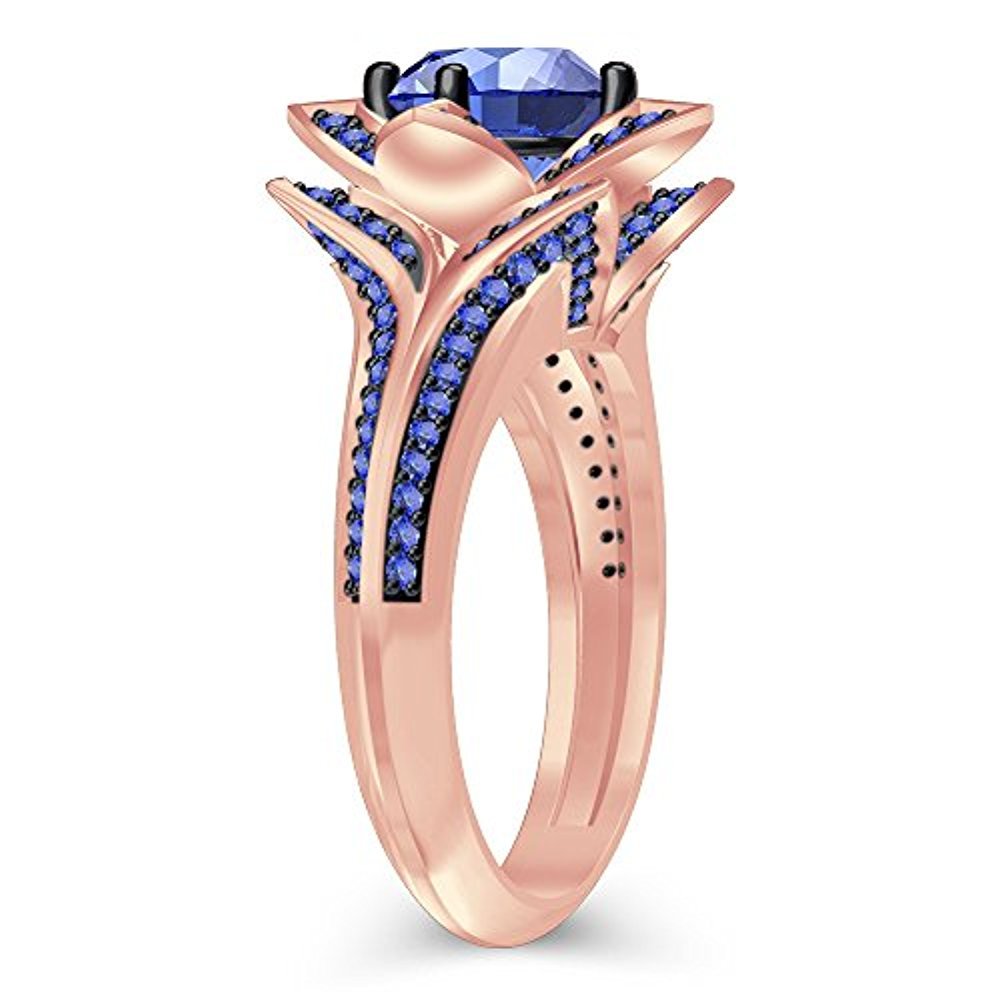 Solitaire Blue Sapphire Engagement Lotus Flower Ring In 14k Rose Gold Fn Engagement And Wedding 3004