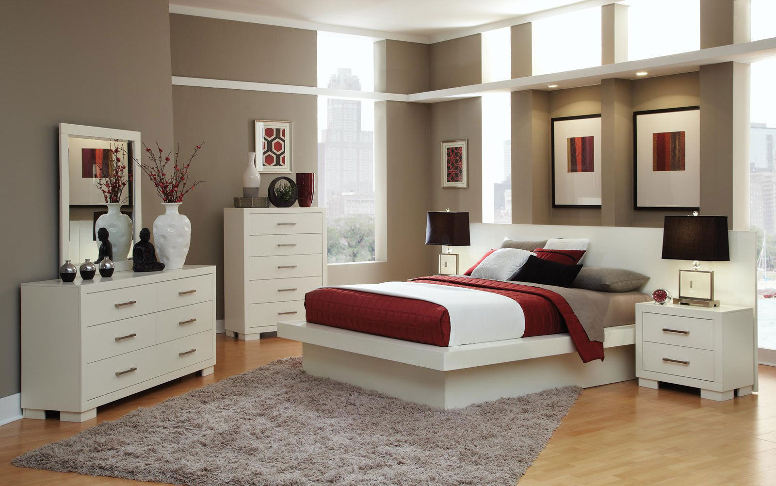 CHARISMA 5pcs Modern White Bedroom Set w/ King Panel Platform Low Profile Bed Bedroom Sets