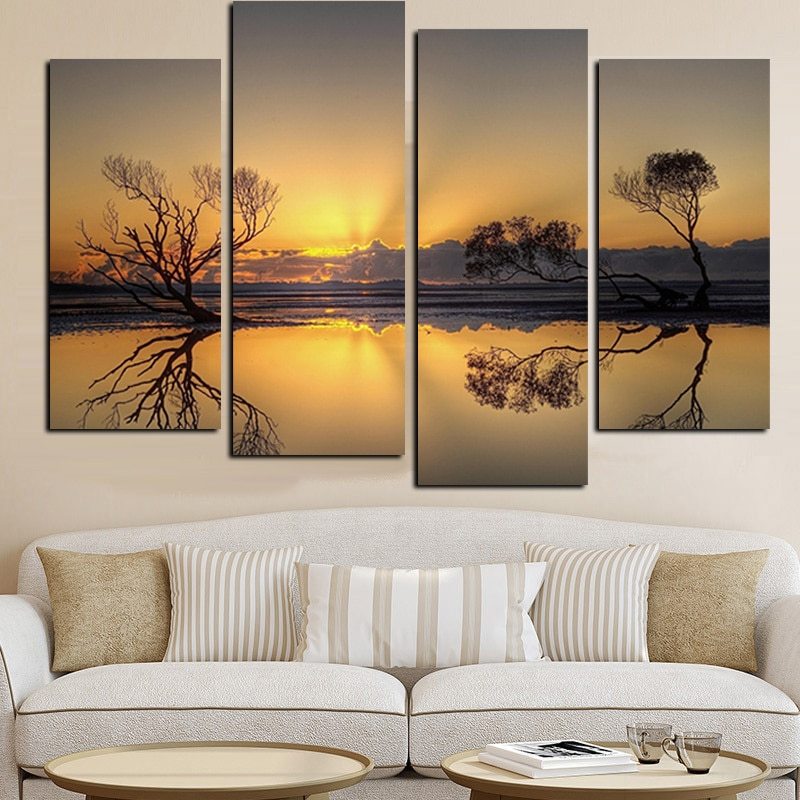 Printing Art Canvas 4Panel HD Print Sunset Reflection in the Lake Gold ...