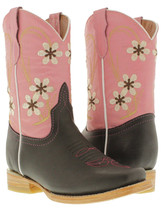 Girls Kids Black Pink Leather Flower Rodeo Square Pull On Western Cowgirl Boots - $40.49