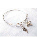 IN MEMORY OF ANGEL WING &amp; 3D DOG (2) CHARMS ON SILVER ADJUSTABLE BANGLE ... - $5.99