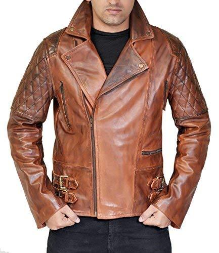 Mens Brown Qulited Moto Style Vintage Distressed Warm Winer Biker Leather Jacket