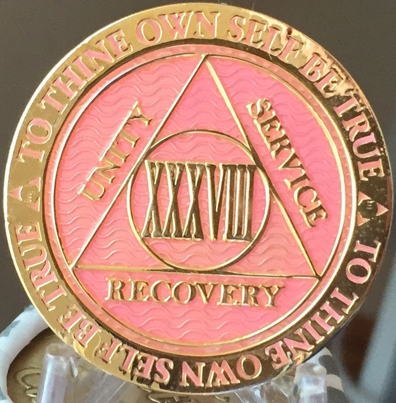 38 Year AA Medallion Pink Gold Plated Alcoholics Anonymous Sobriety ...