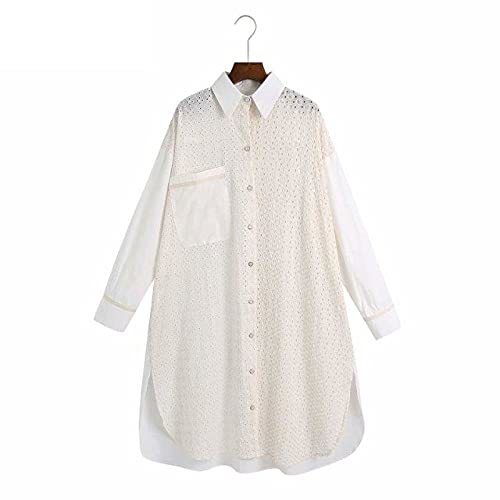 Sexy Hollow Out Embroidery Patchwork Long Smock Blouse Office Lady Pocket Casual