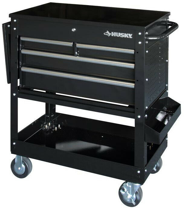 Husky Tool Storage Cart 33 in. 4Drawer Extended Side Table Bottle Tray